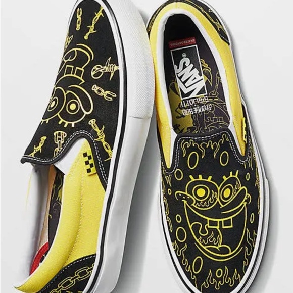 Vans Sponge Bob. Yellow and Black Classic Slip-On Sneakers. NWOB. Size 5.5 Boys. - Picture 4 of 11
